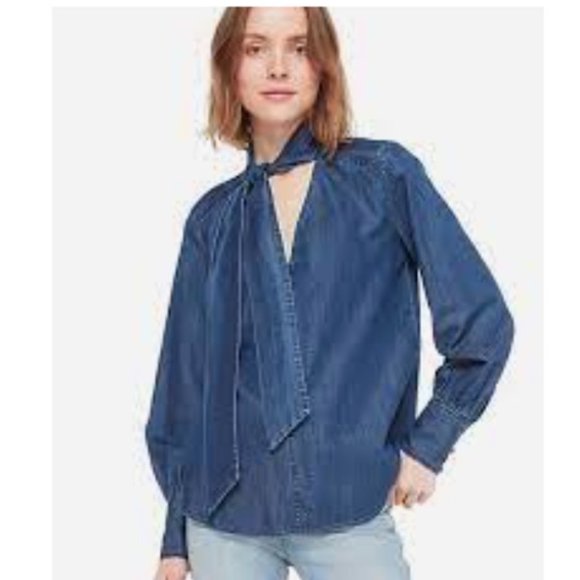 KATE SPADE: Denim Chambray Tie Neck Blouse - Picture 1 of 14